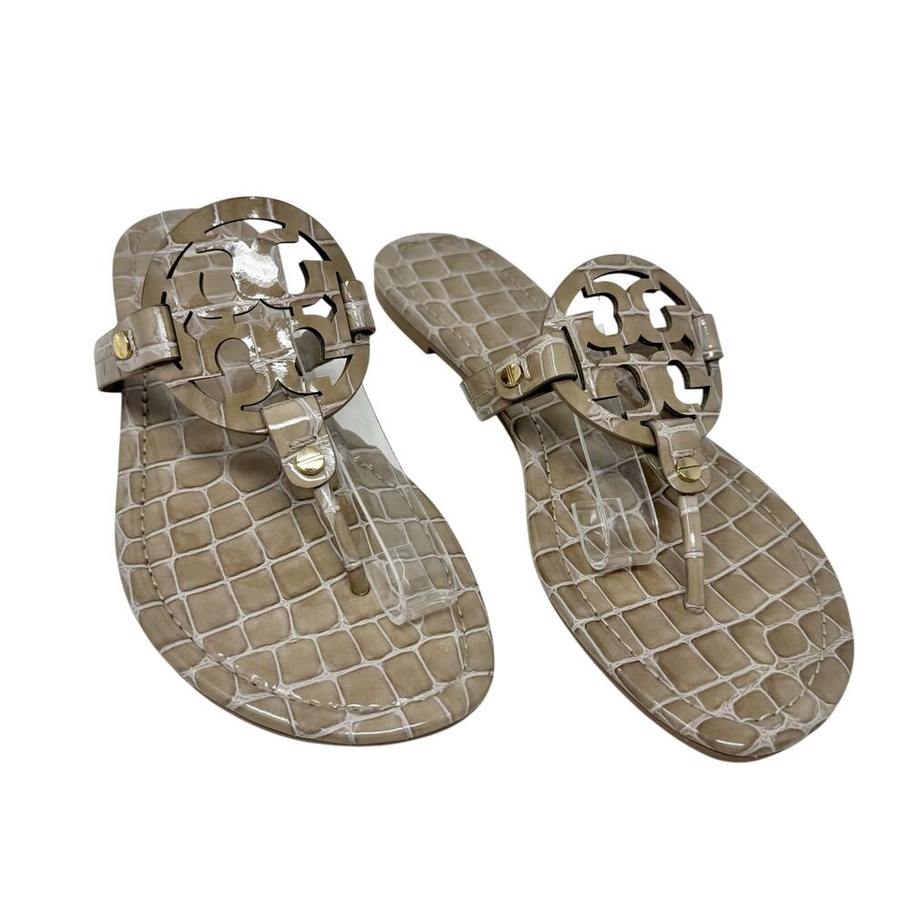 Tory Burch Miller Sandals Women Size 8 Black Snakeskin Embossed Gold Logo Flats